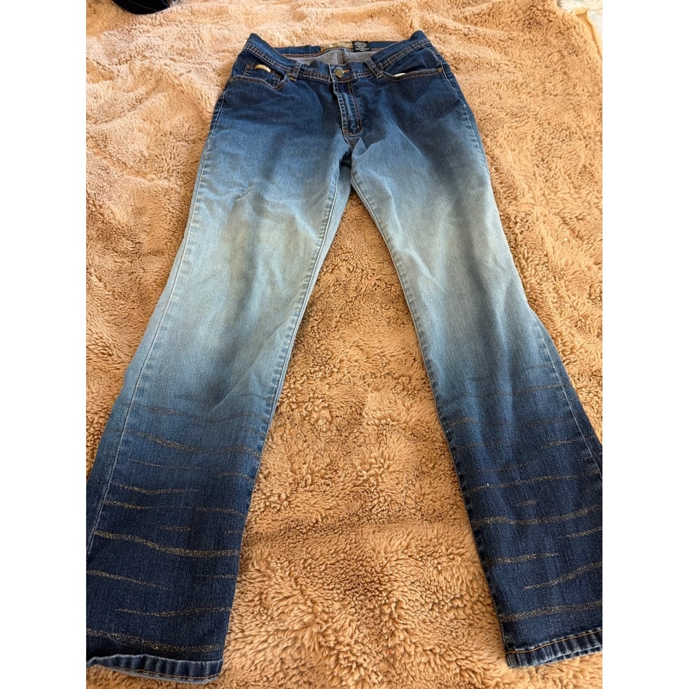 London Blue Jeans Womens Ombre Metallic Glitter Stripe Straight Leg Sz 11